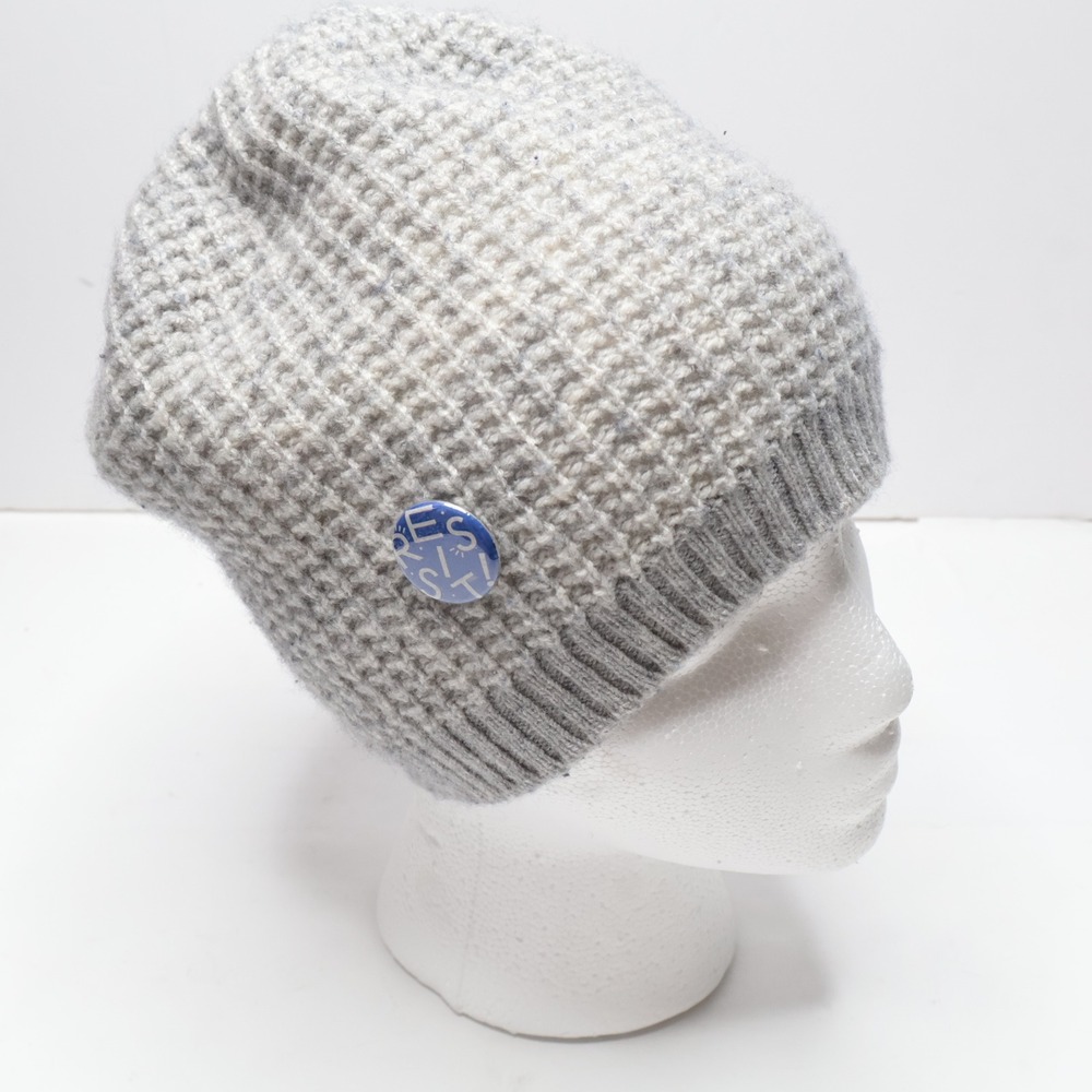 Celeste Gray Wool Cashmere Beanie Waffle Knit w Resist Blue Pin‎ Womens OS Boho
